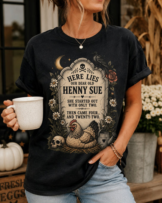Henny Sue Tombstone — Funny Halloween Chicken Memorial Tee