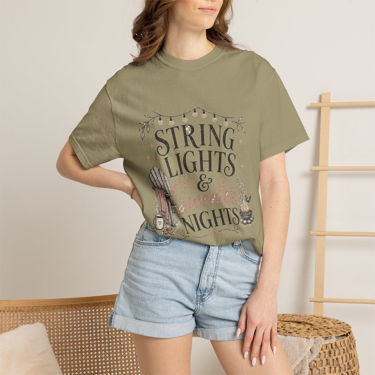 String Lights & Sweater Nights graphic t-shirt for backyard flock lovers