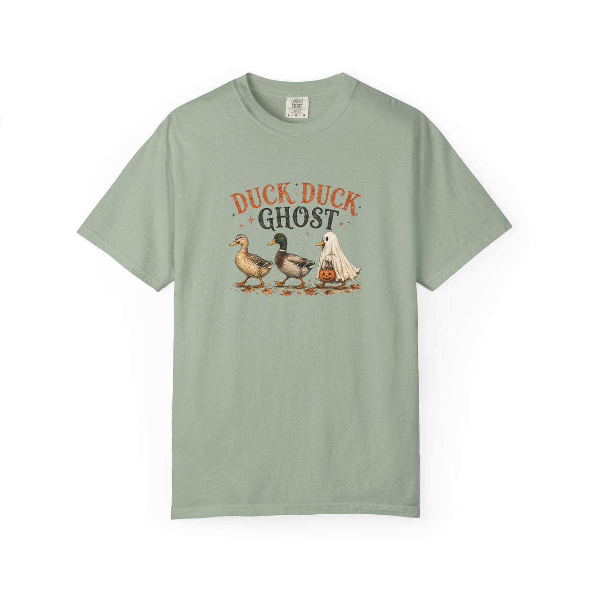 Duck Duck Ghost Halloween graphic t-shirt for backyard duck keepers