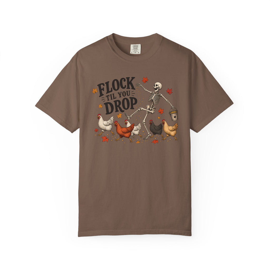 Skeleton Dancing with Chickens graphic t-shirt for backyard chicken keepers