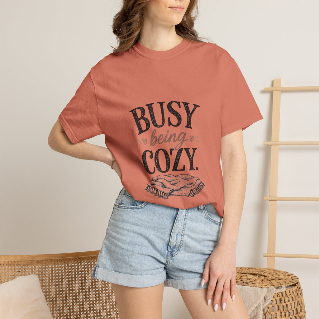Busy Being Cozy graphic t-shirt for backyard flock lovers