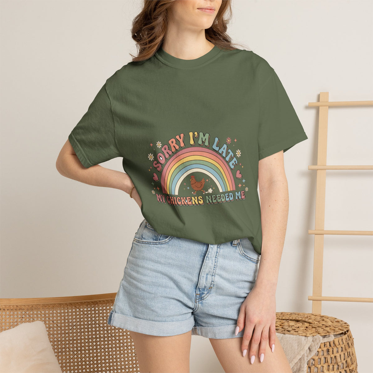 Sorry I'm Late, My Chickens Needed Me graphic t-shirt for backyard chicken keepers