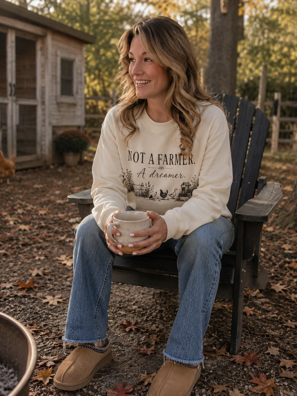 Not a farmer, a dreamer — cozy crewneck in the autumn chicken yard
