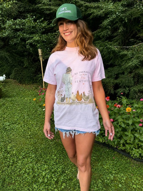 "My Therapist has Feathers" Chicken & Farm Girl Graphic graphic t-shirt for backyard chicken keepers