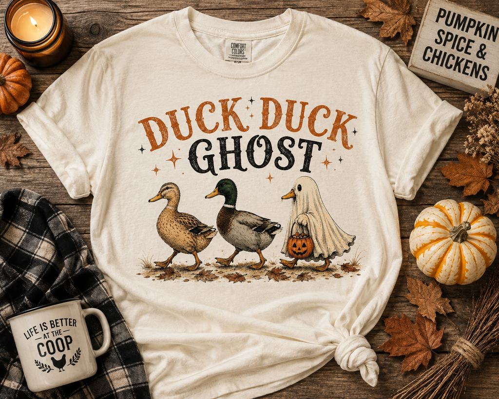 Duck Duck Ghost Halloween graphic t-shirt for backyard duck keepers