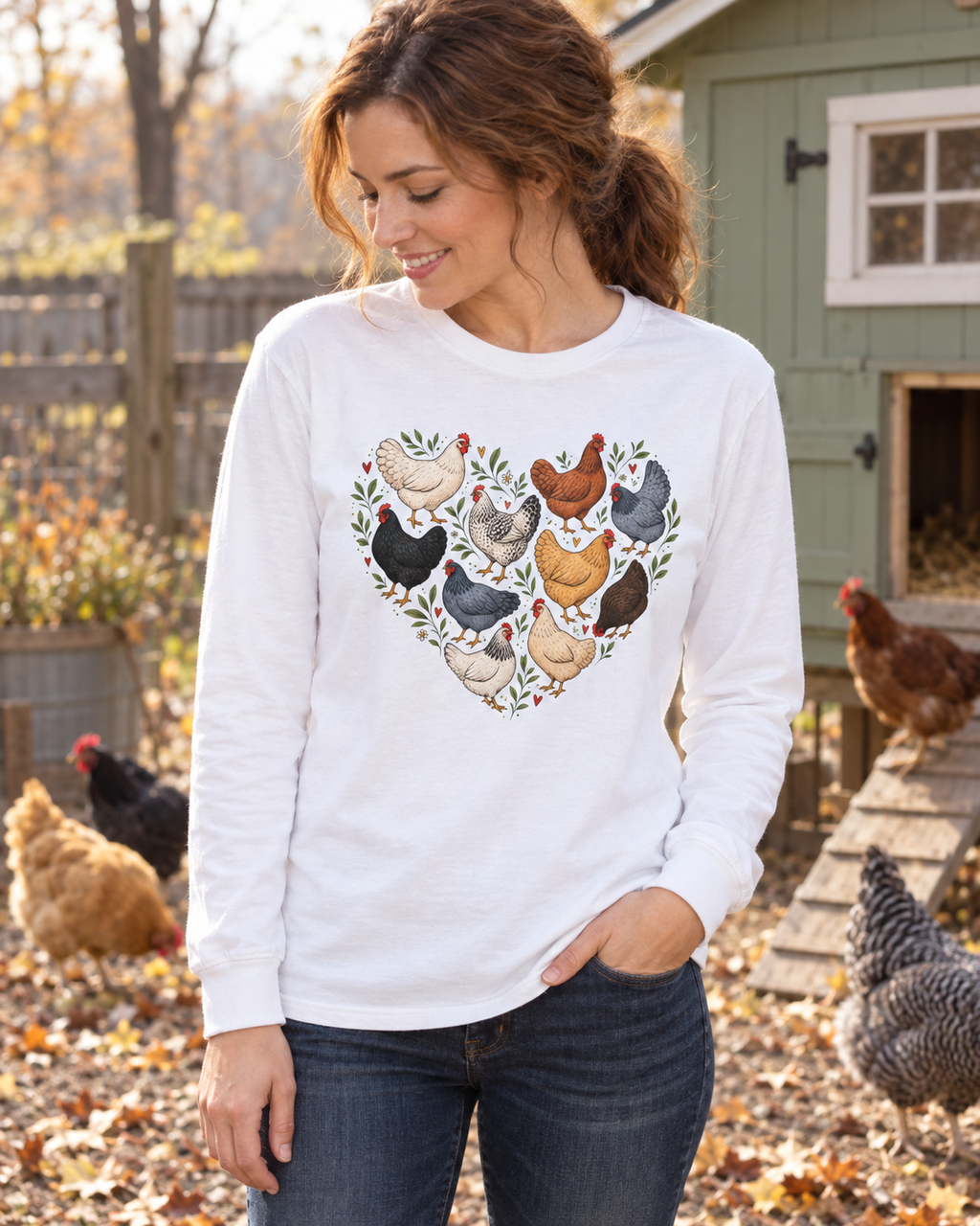 White long sleeve tee with a heart made of illustrated chicken breeds — Rose & Raye chicken lover shirt