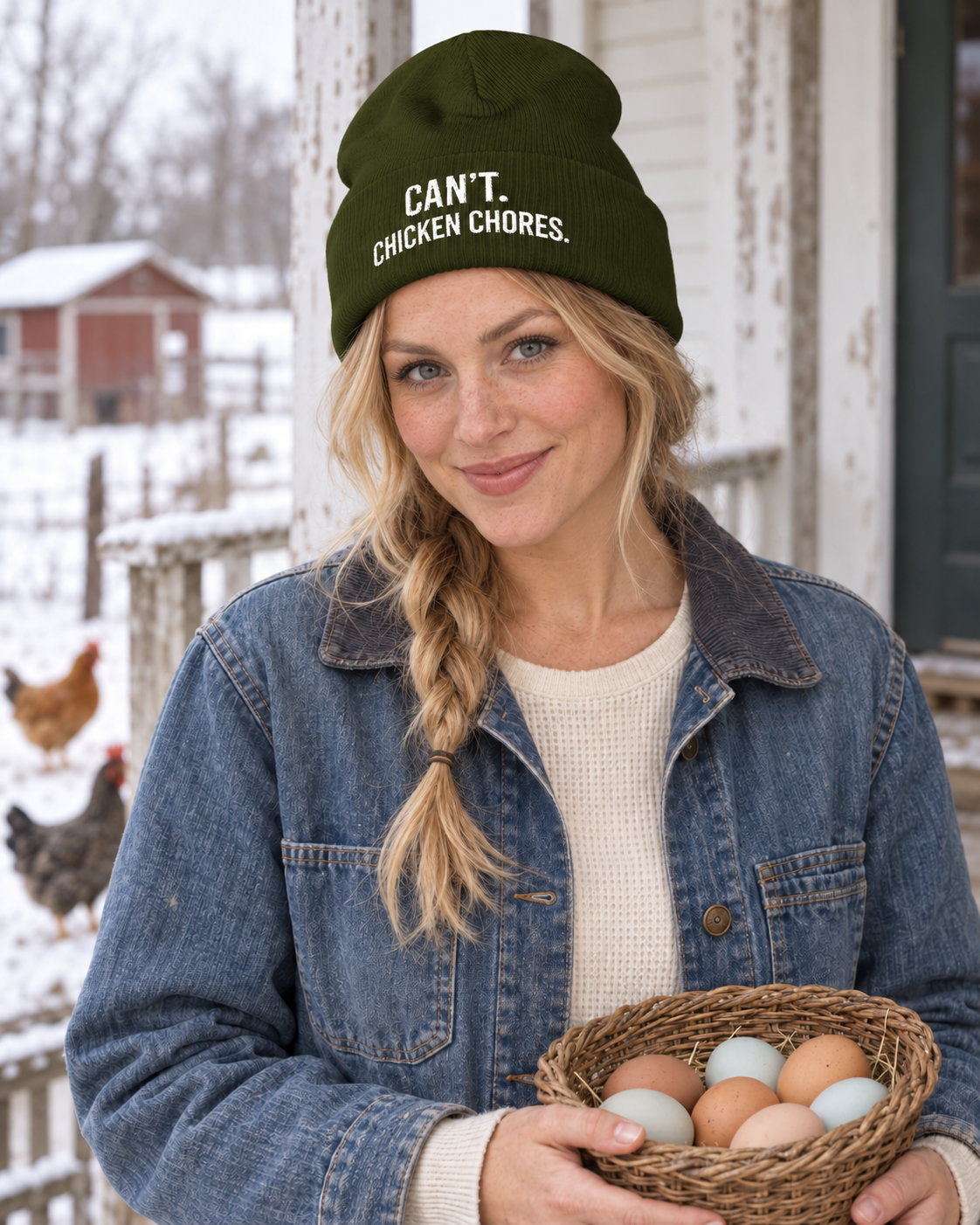 Can't. Chicken Chores. Cuffed Beanie — Funny Embroidered Chicken Winter Hat
