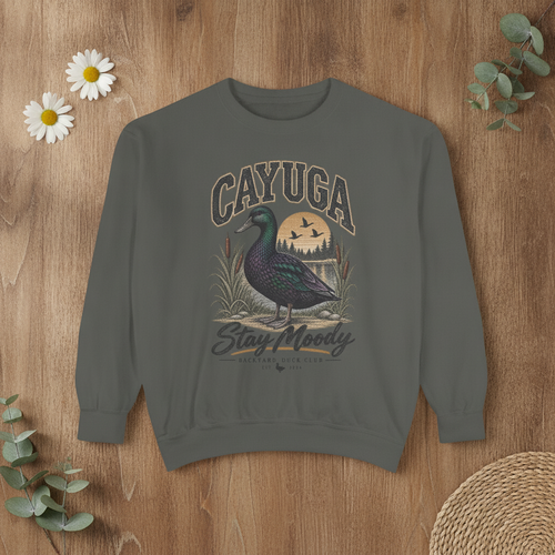 Cayuga Duck Crewneck flat-lay — Backyard Duck Club