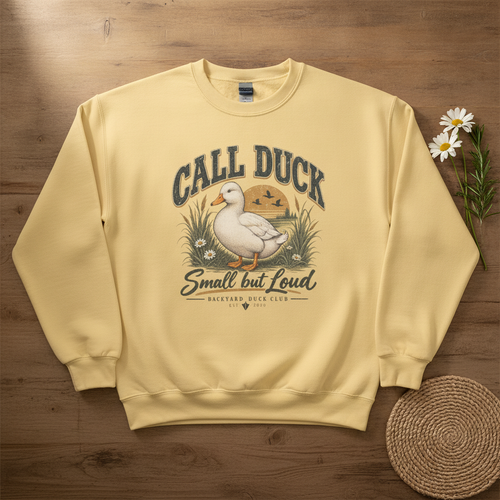 Call Duck Duck Crewneck flat-lay — Backyard Duck Club