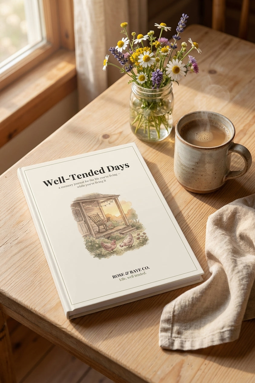 Well-Tended Days journal styled on a cozy table