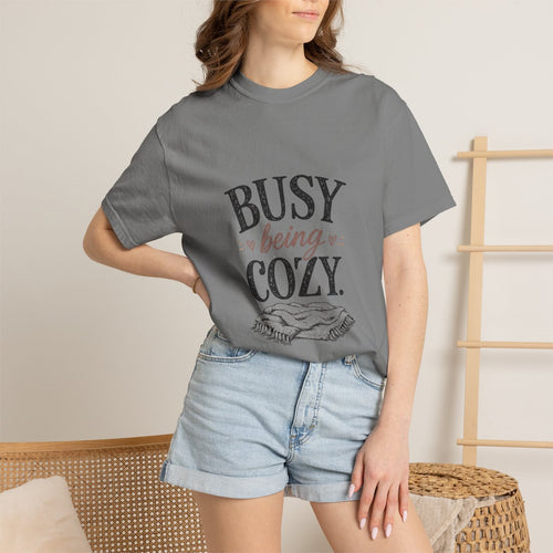Busy Being Cozy — Cozy Fall Homebody Tee — worn — Rose & Raye Co.