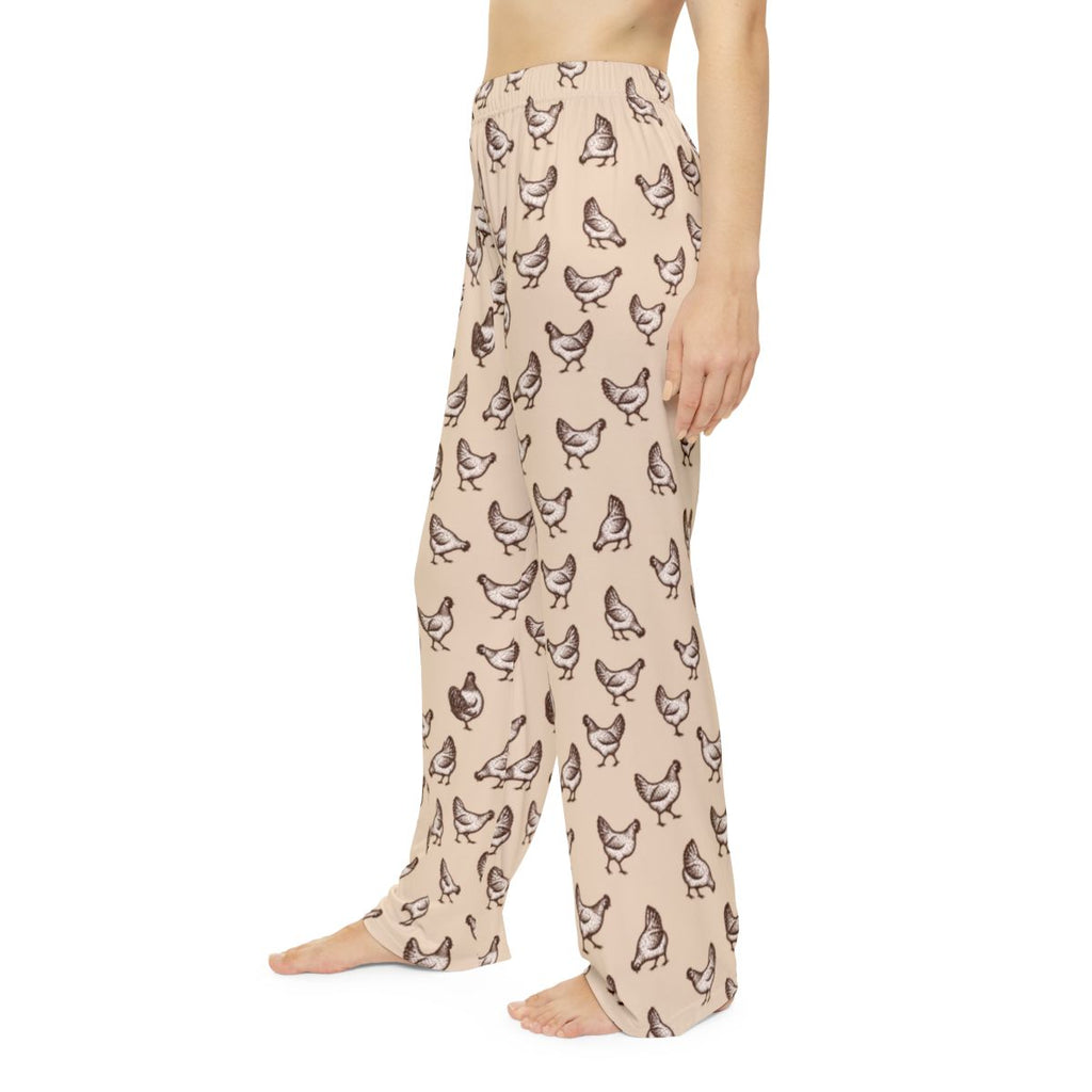 Warm oatmeal-tan chicken pajama pants with all-over hen print — Rose & Raye