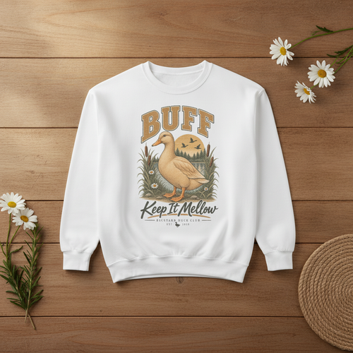 Buff Duck Crewneck flat-lay — Backyard Duck Club